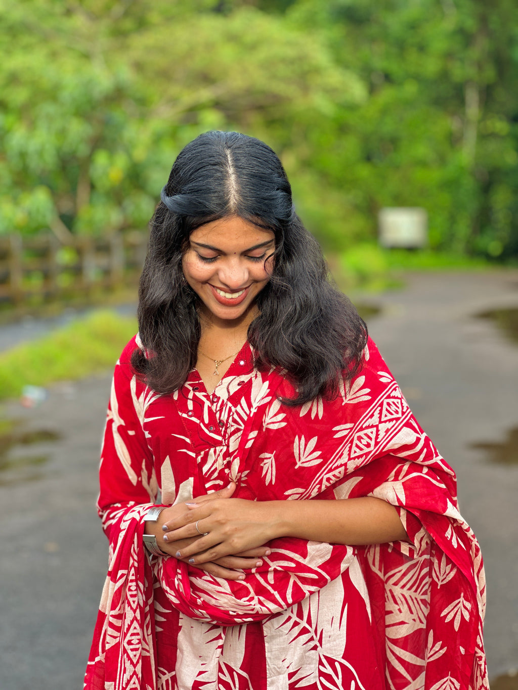 Red Kurta sets with Large Beige Leaf Prints All Over