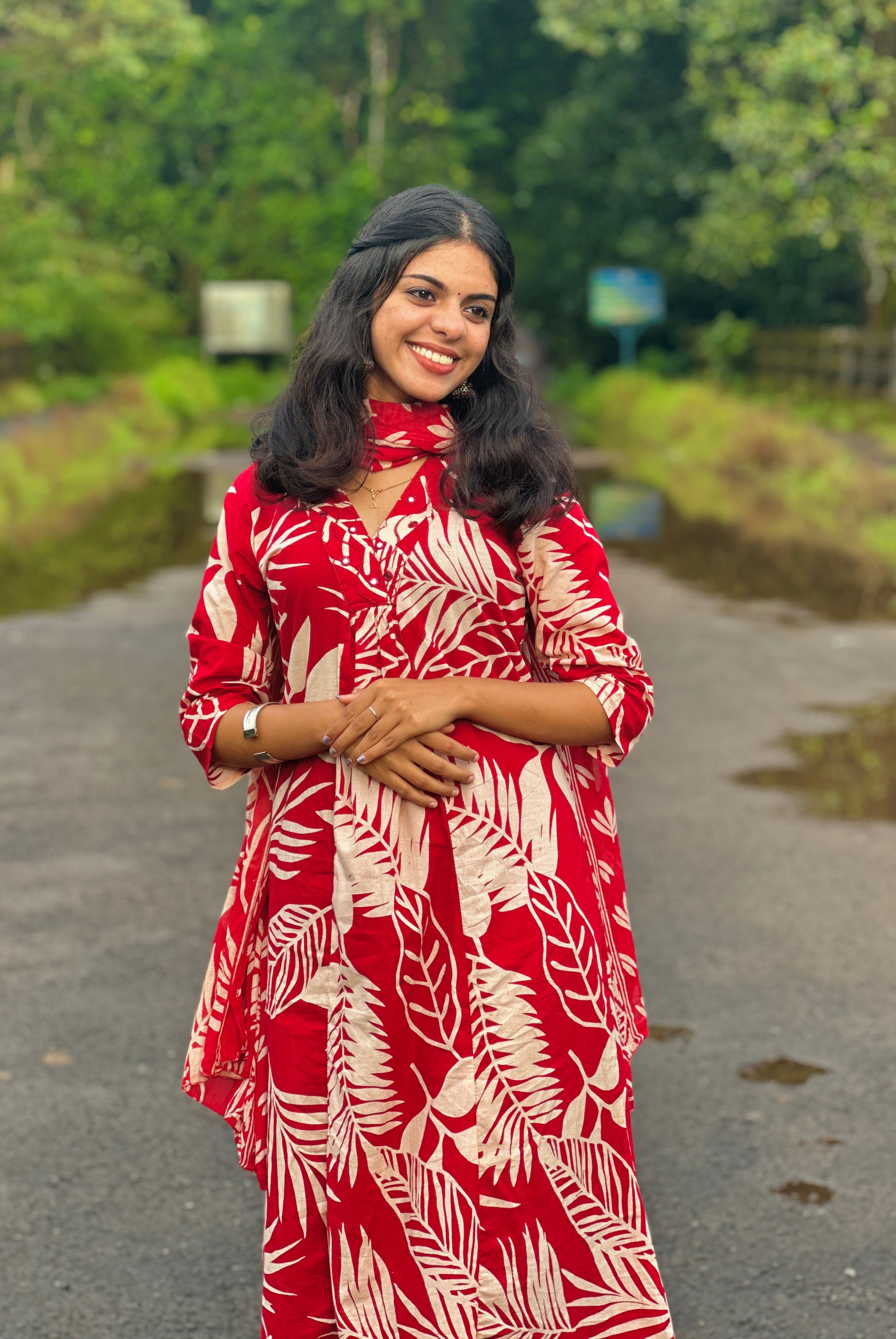 Red Kurta sets with Large Beige Leaf Prints All Over