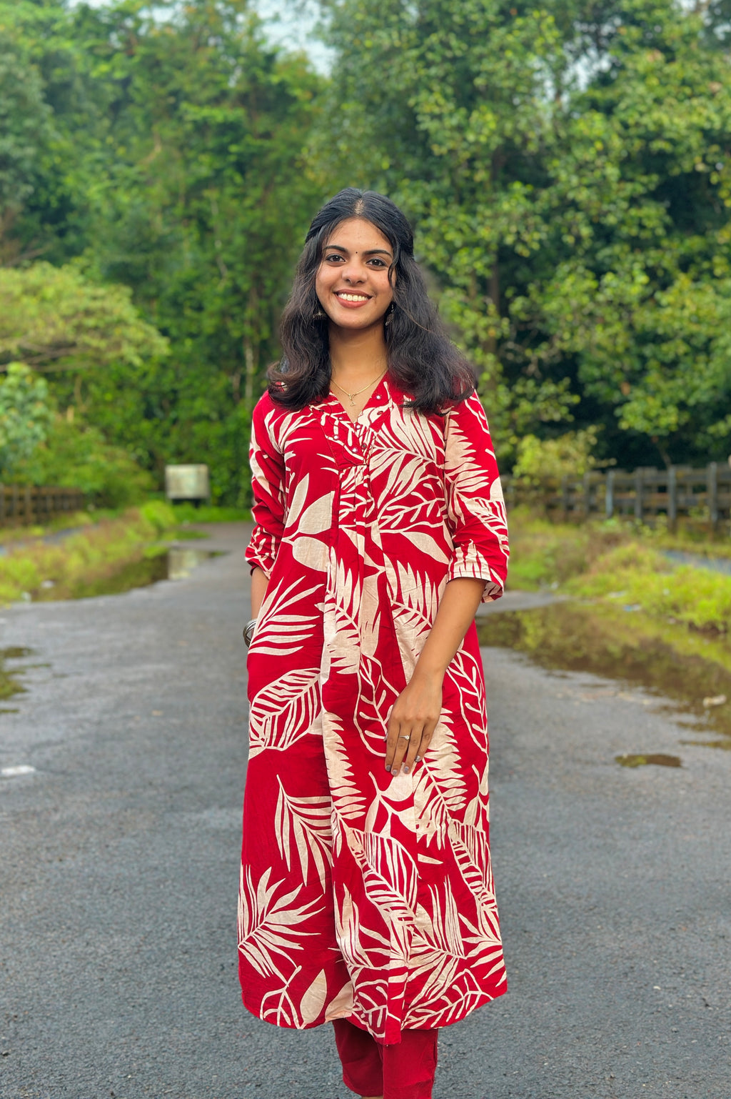 Red Kurta sets with Large Beige Leaf Prints All Over
