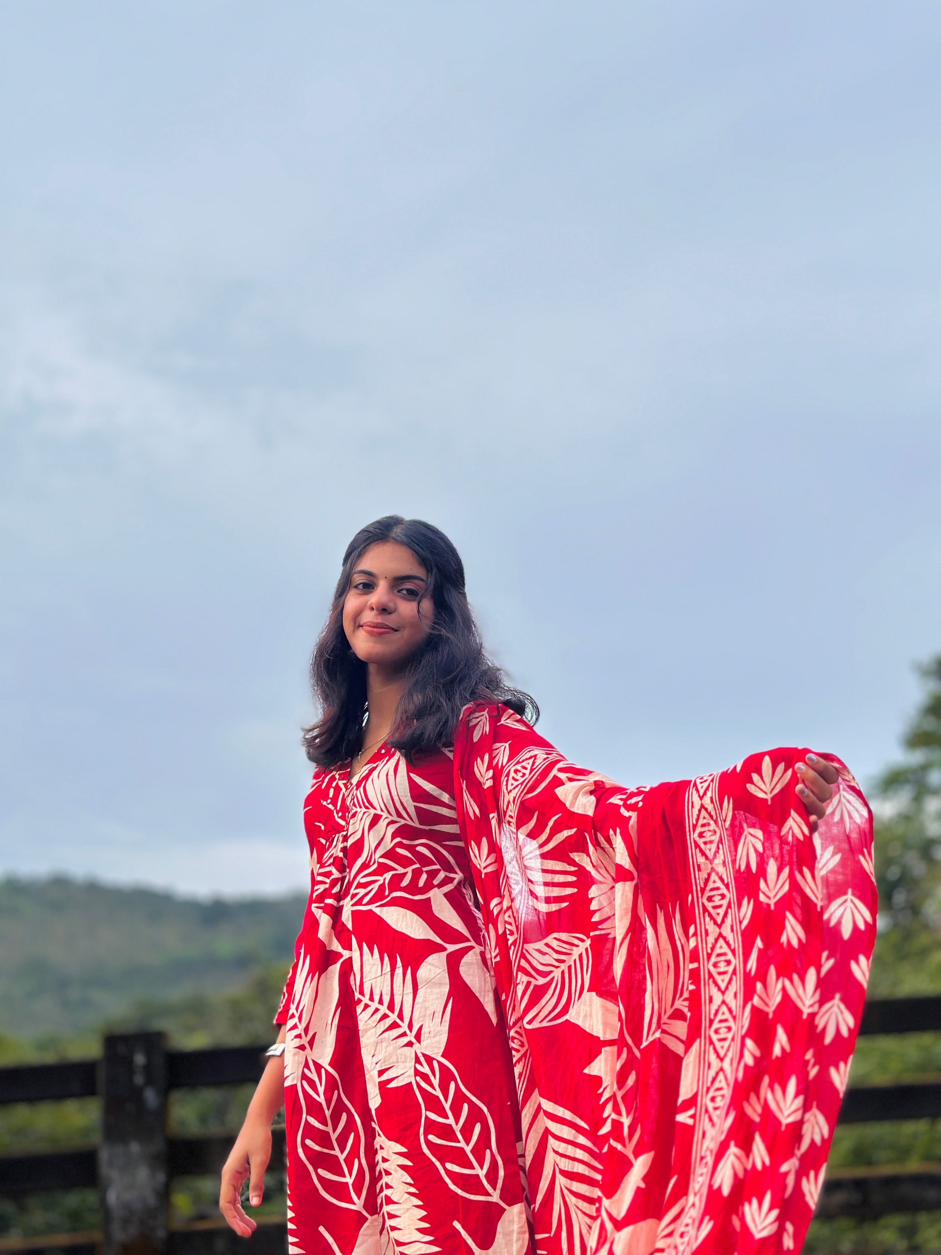 Red Kurta sets with Large Beige Leaf Prints All Over