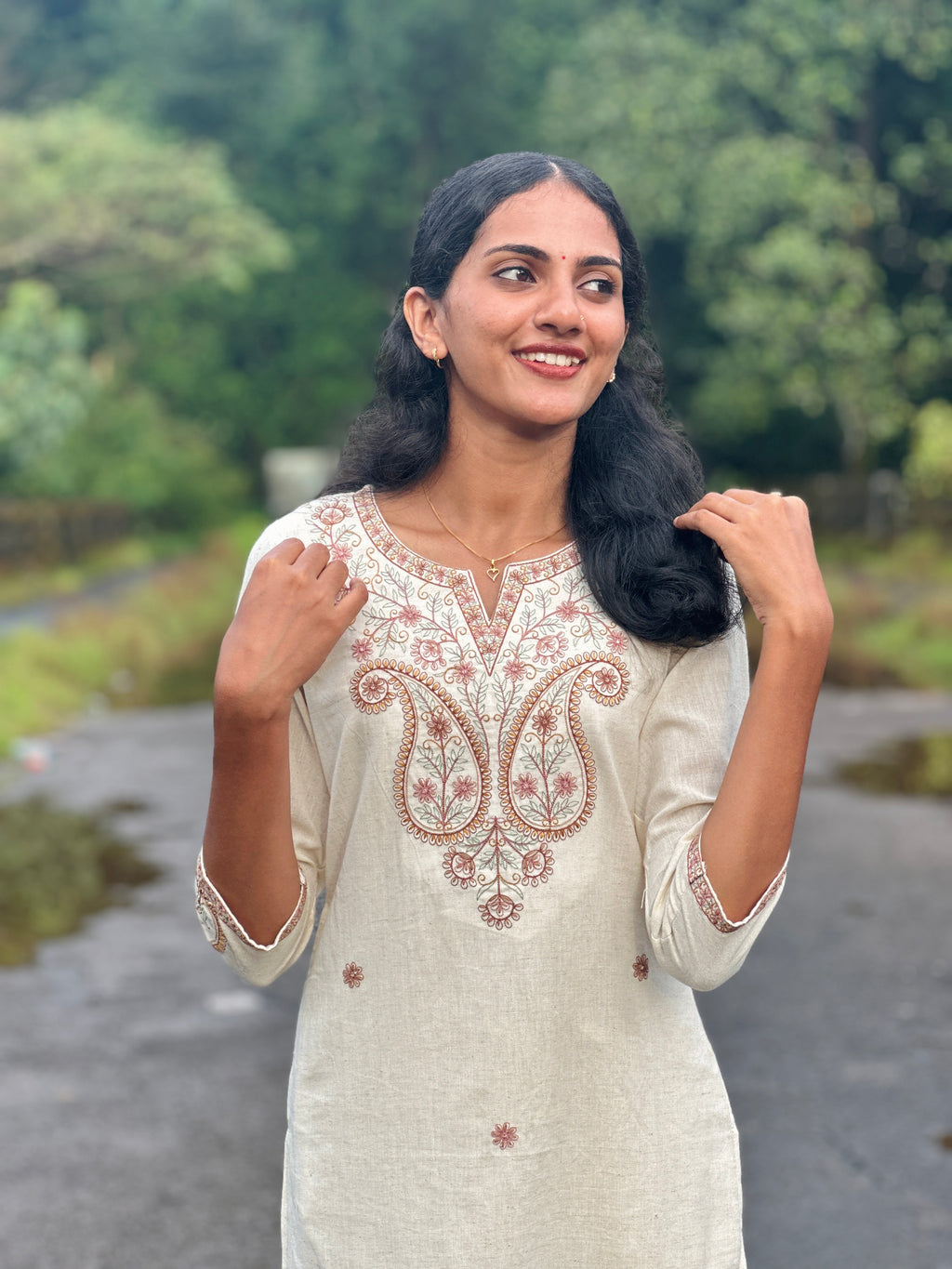 Off-White Embroidered Cotton Flex Co-ord Set