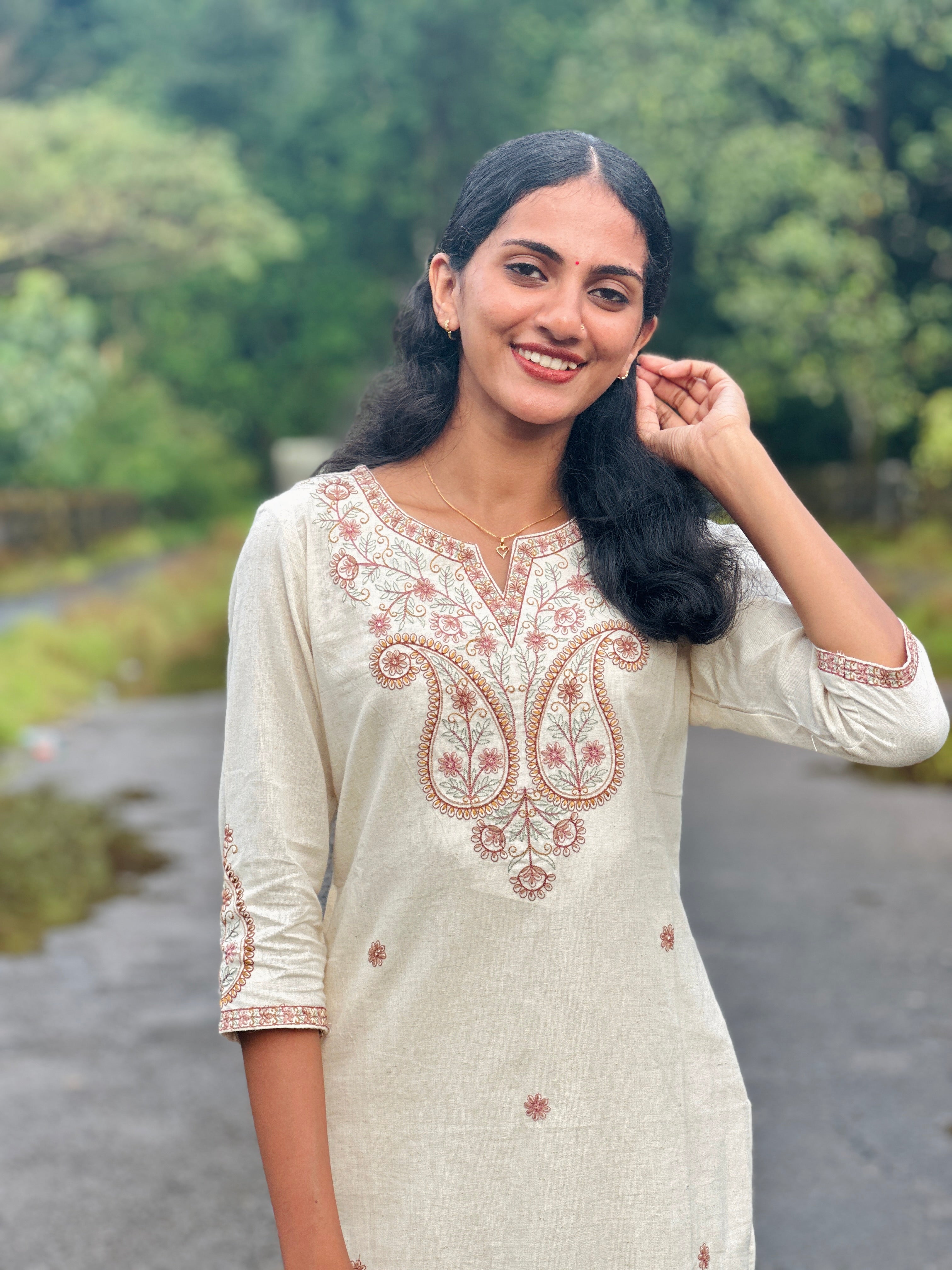 Off-White Embroidered Cotton Flex Co-ord Set