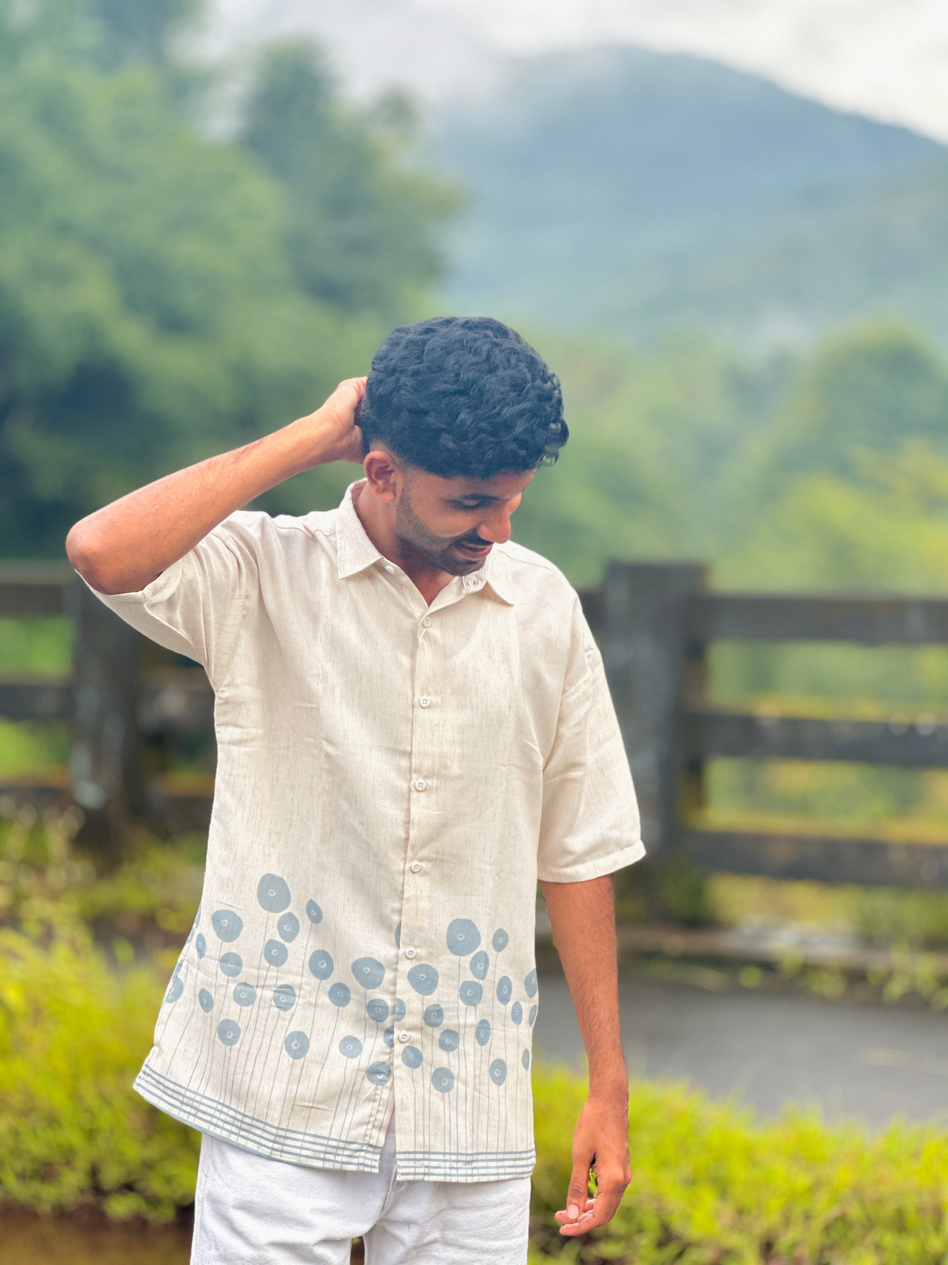 Off-White Green Pattern Printed Linen Shirt