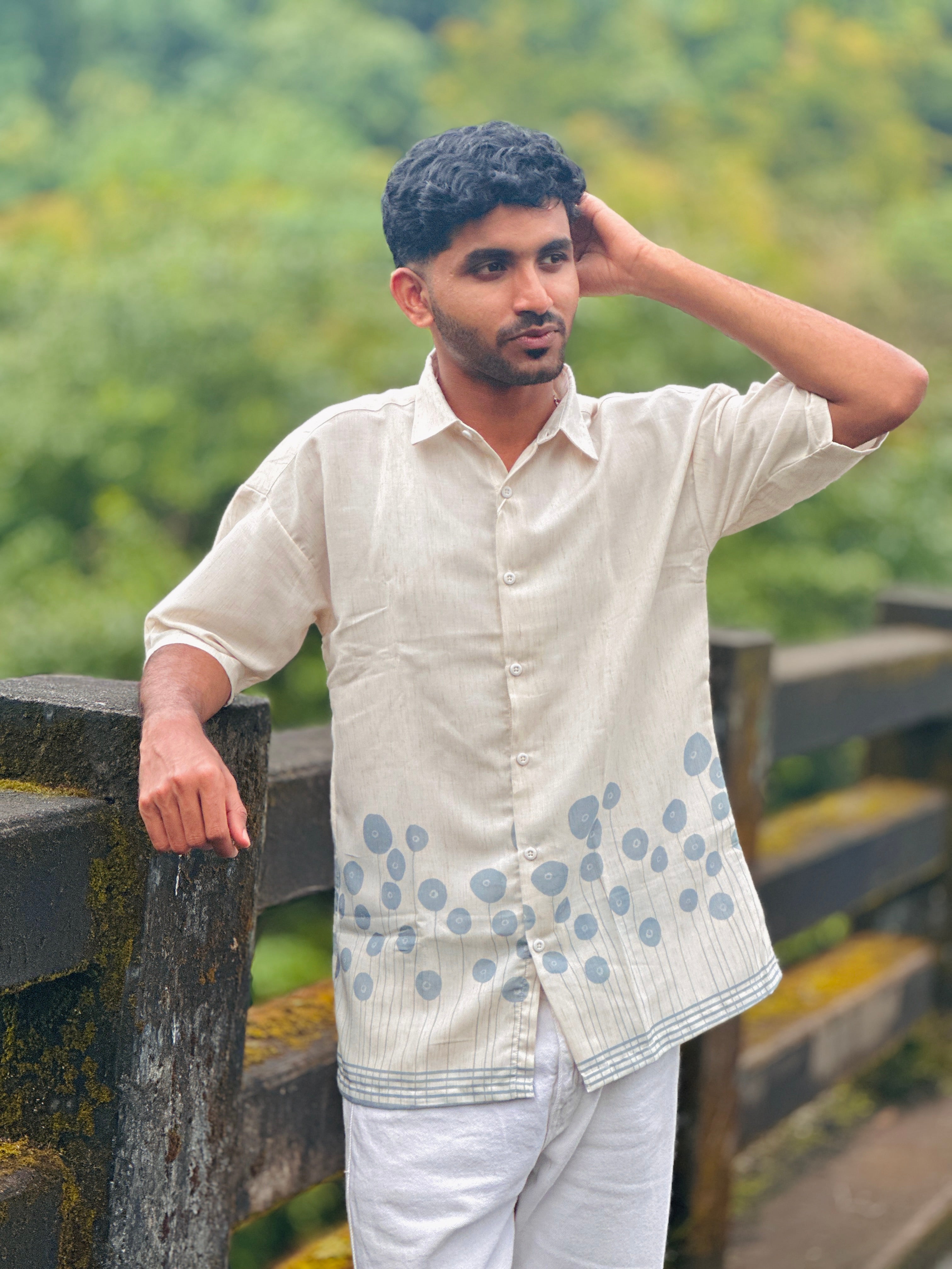 Off-White Green Pattern Printed Linen Shirt