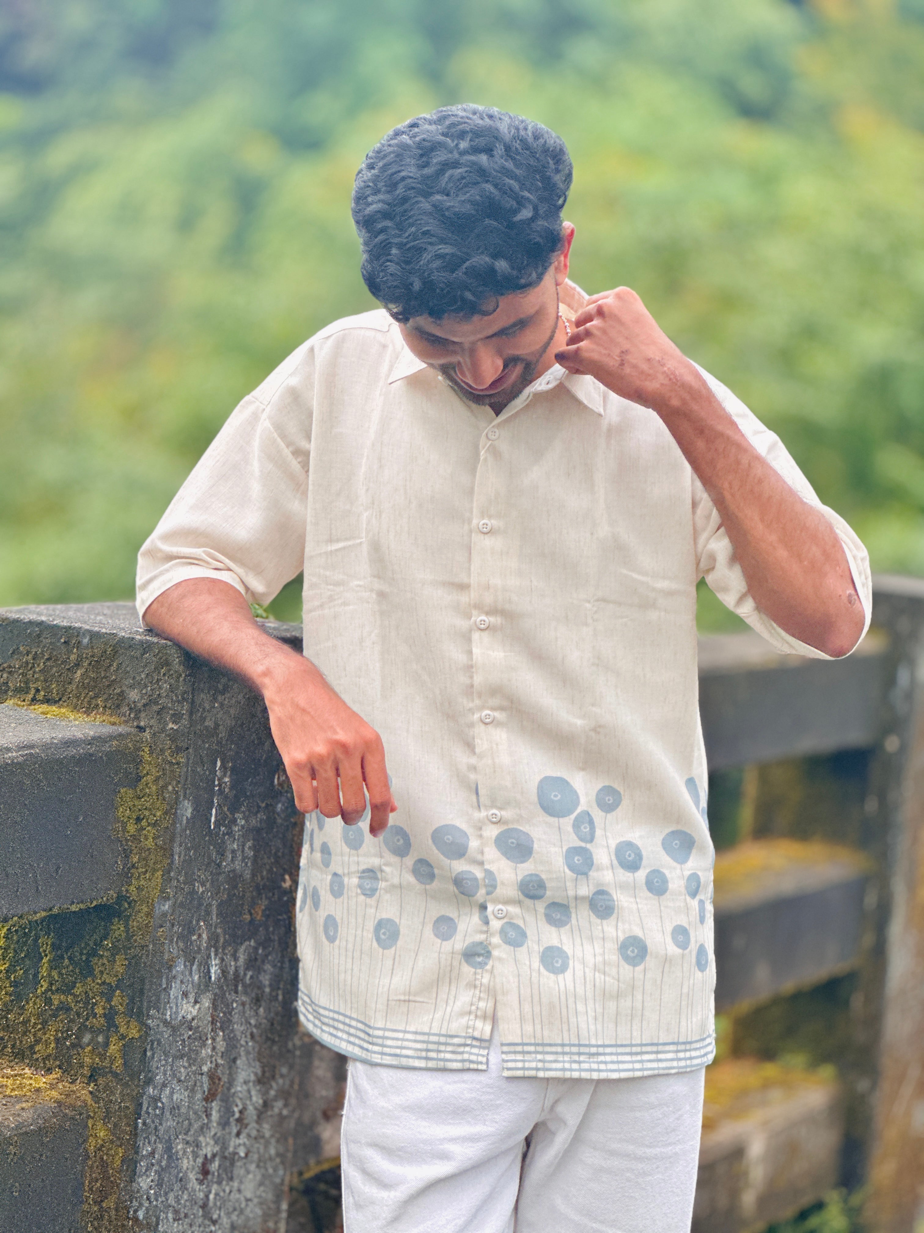 Off-White Green Pattern Printed Linen Shirt