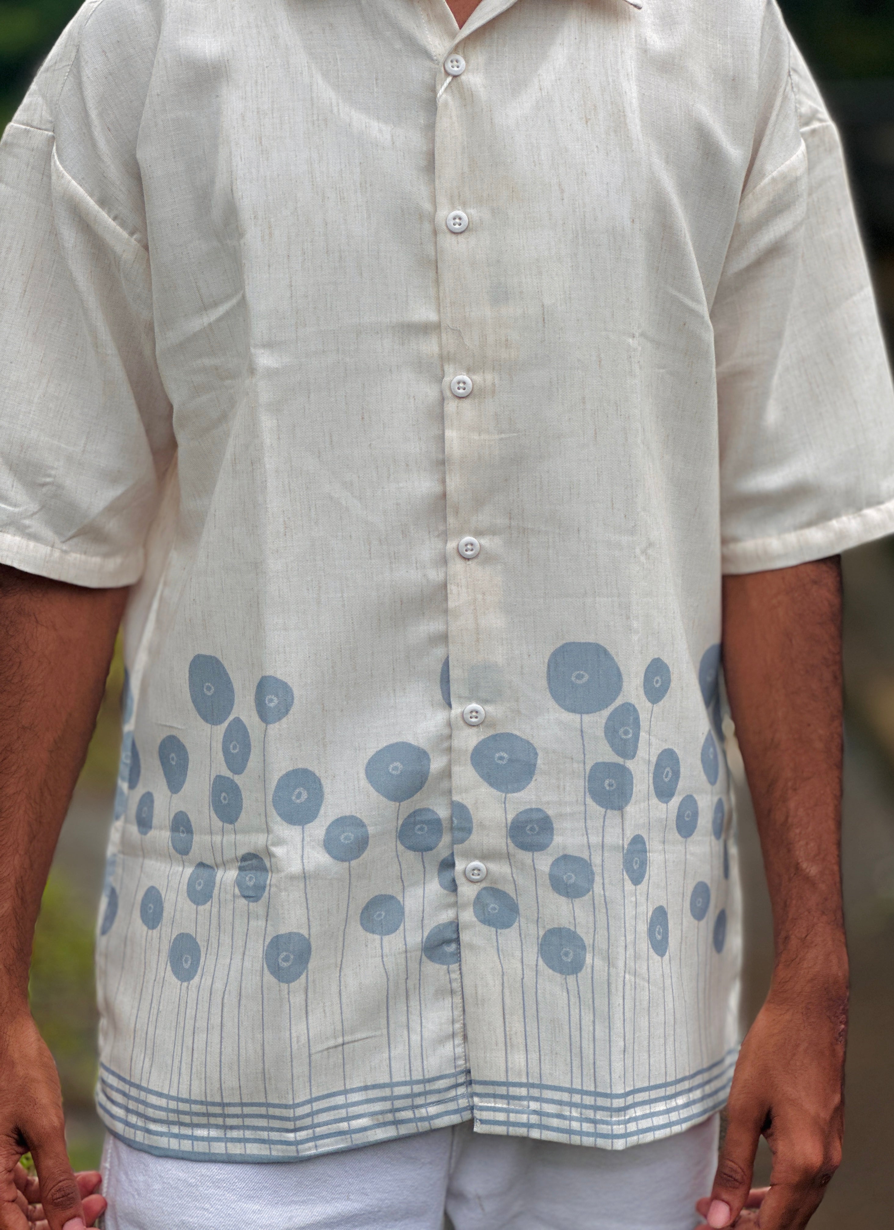 Off-White Green Pattern Printed Linen Shirt