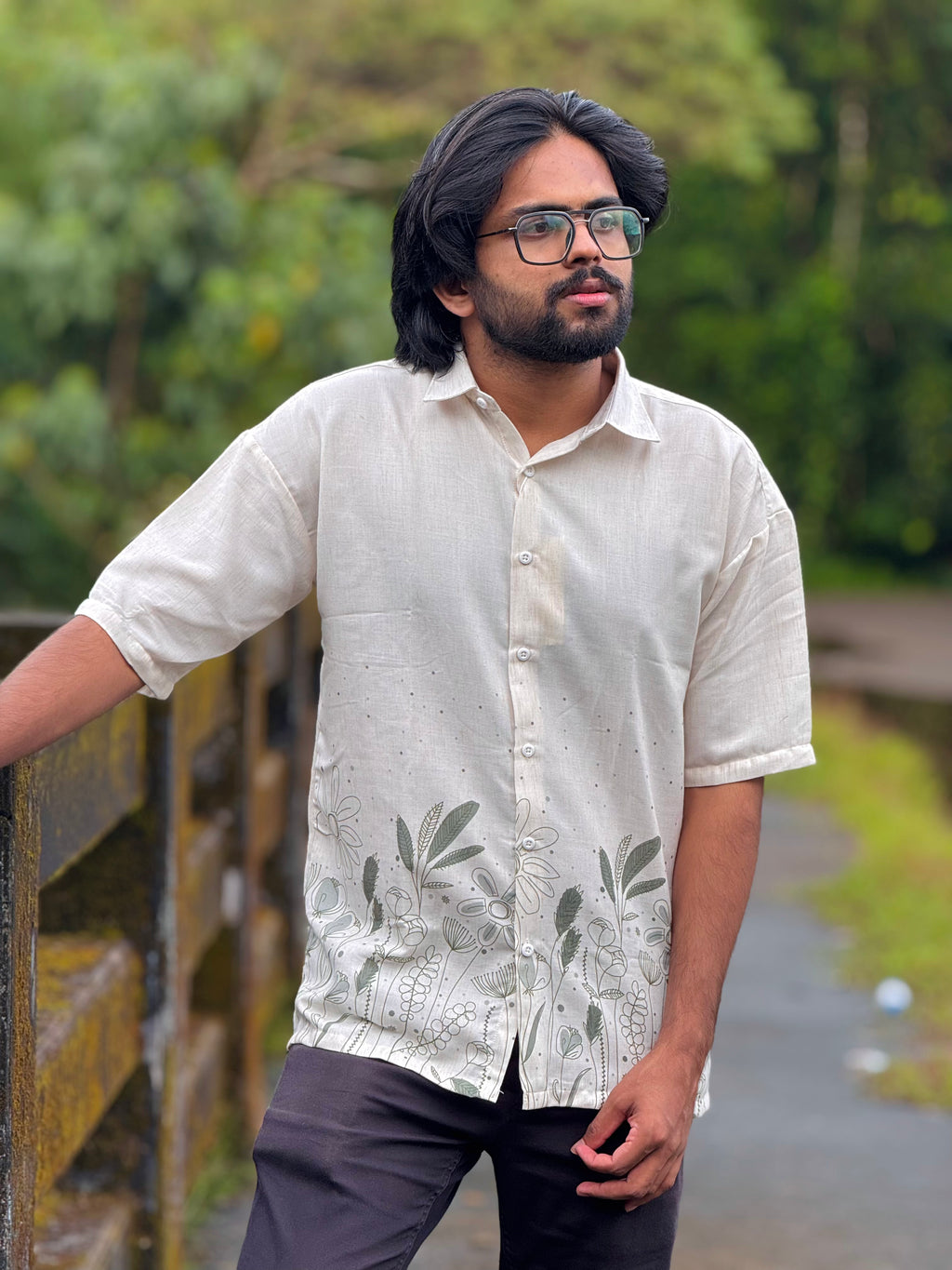 Off White Floral Printed Linen Shirt