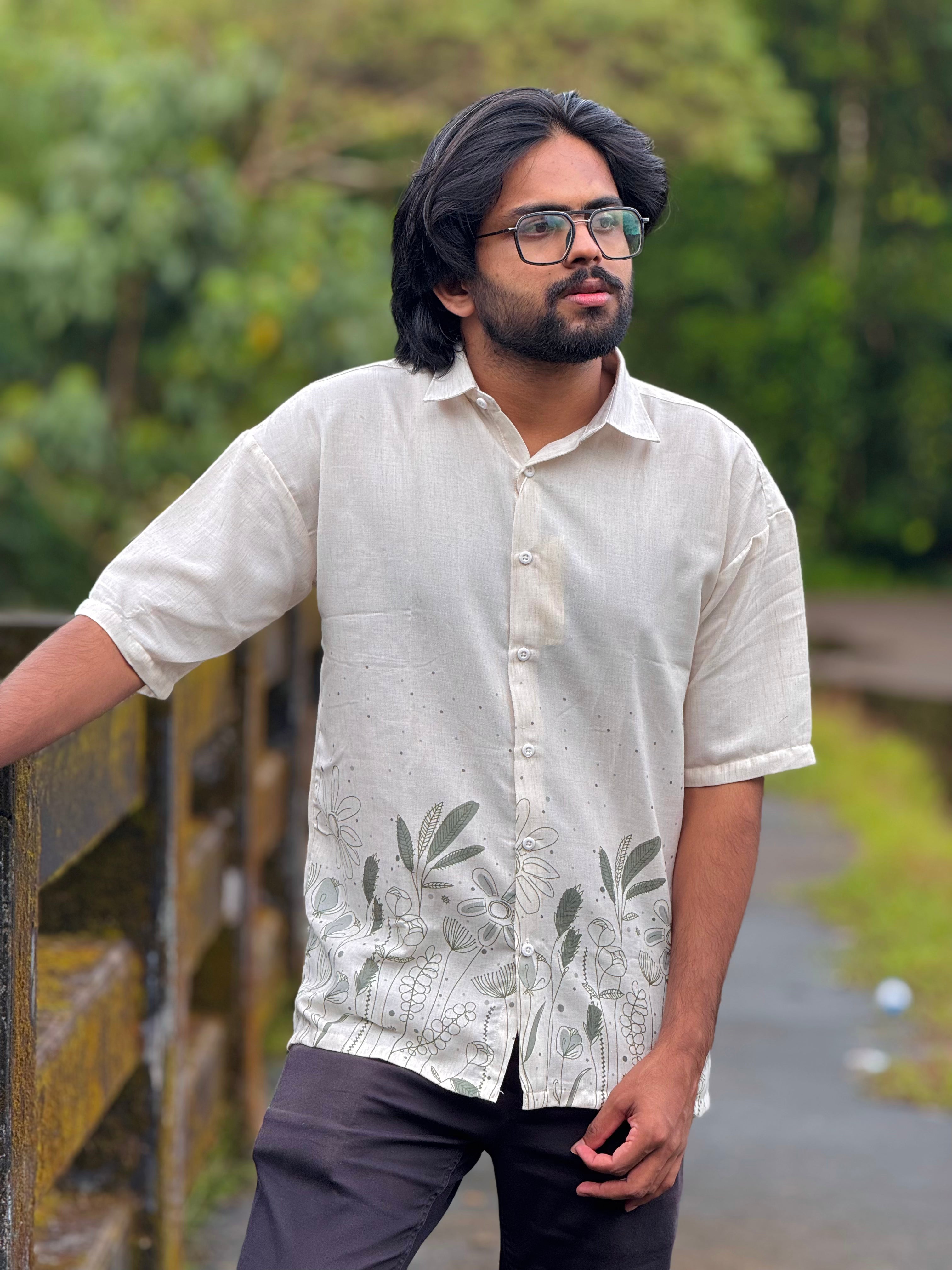 Off White Floral Printed Linen Shirt