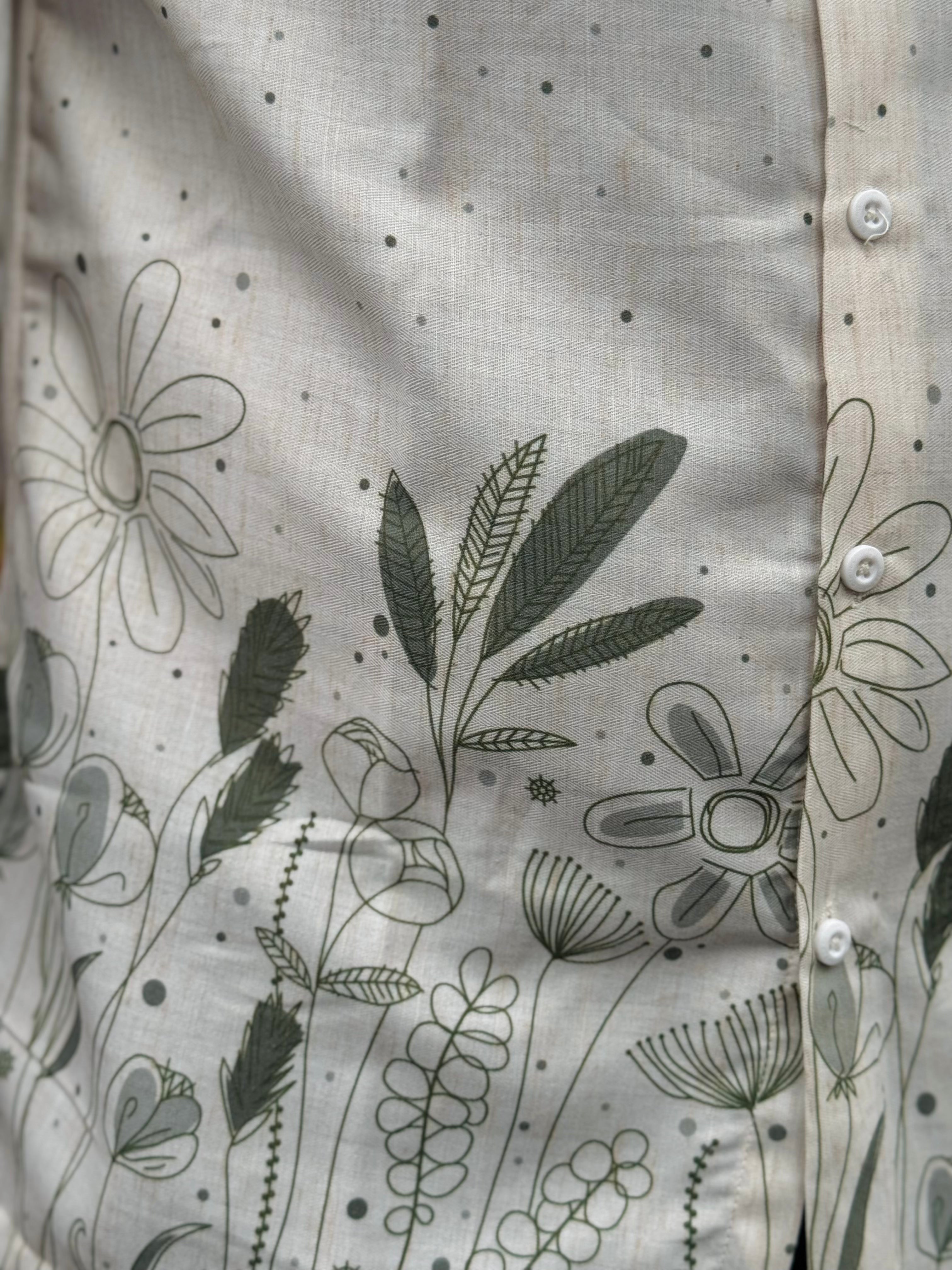 Off White Floral Printed Linen Shirt