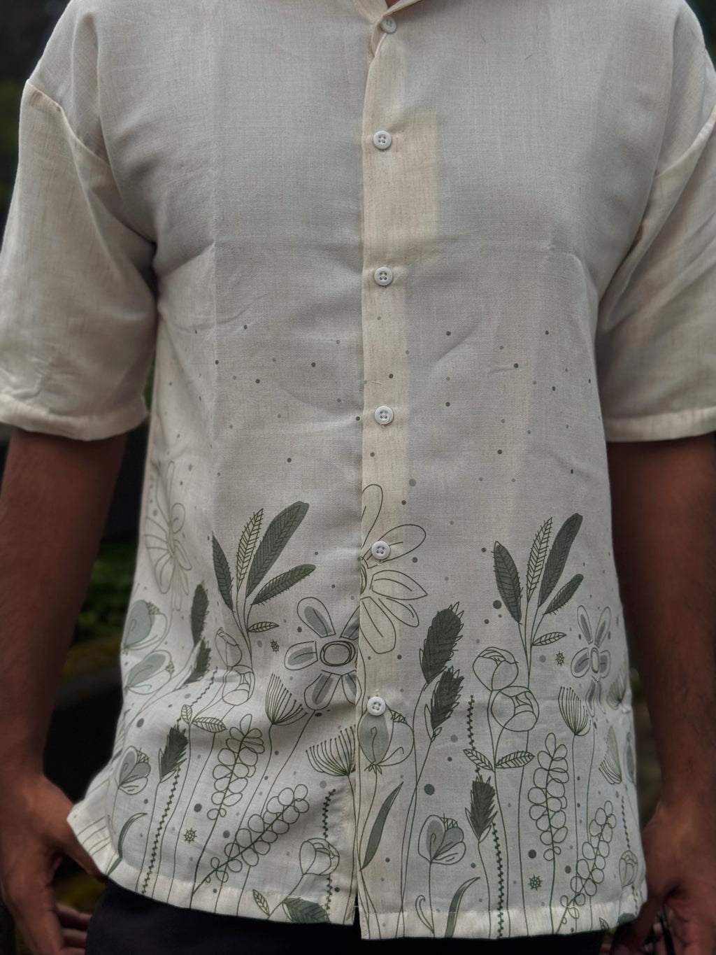 Off White Floral Printed Linen Shirt