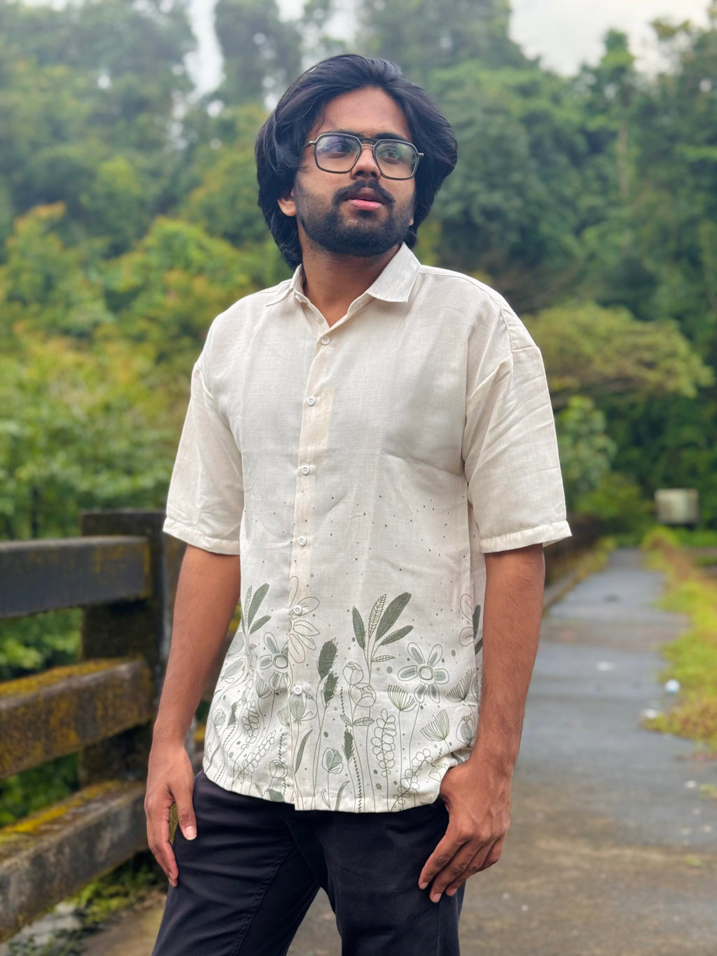 Off White Floral Printed Linen Shirt