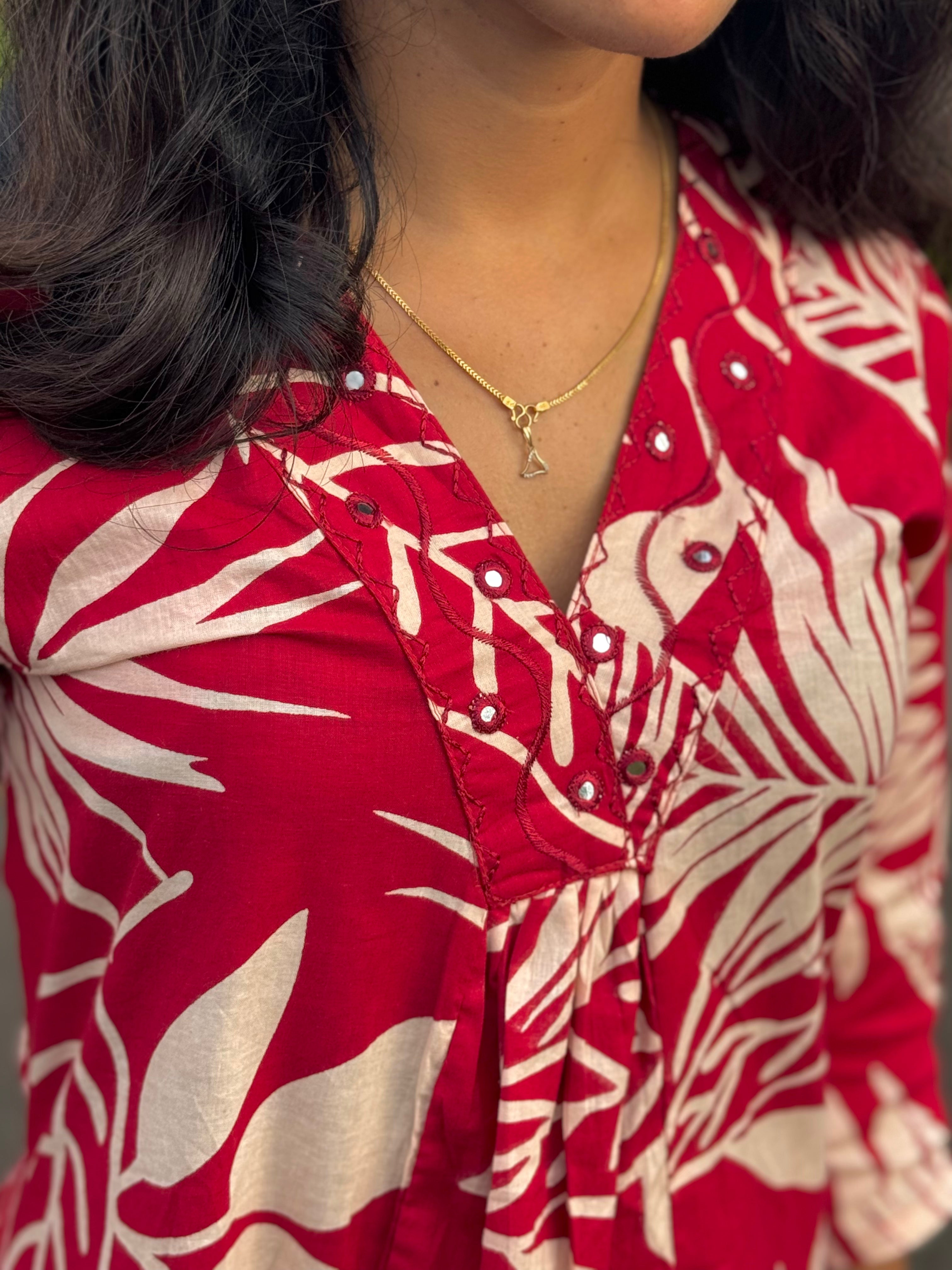 Red Kurta sets with Large Beige Leaf Prints All Over