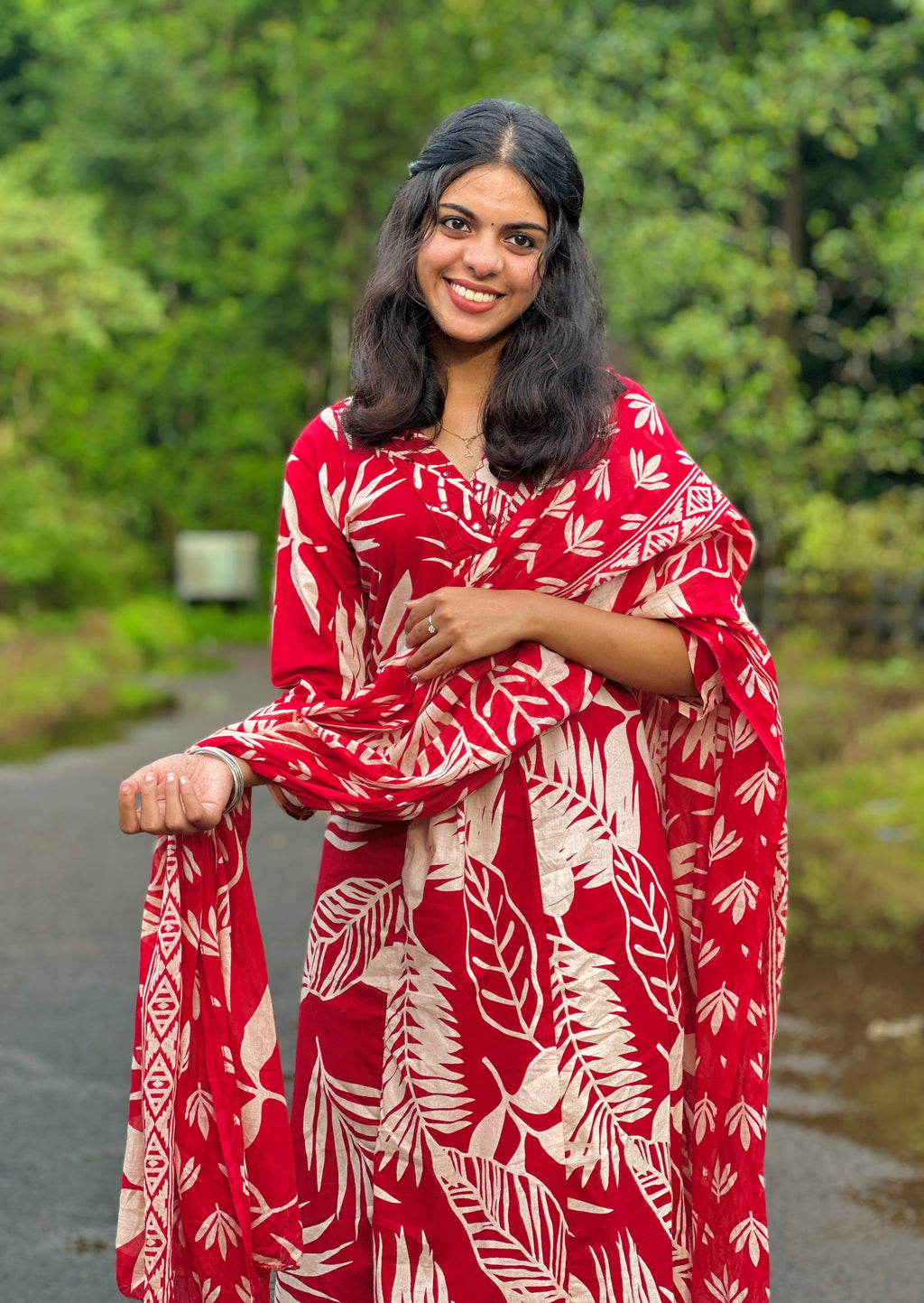 Red Kurta sets with Large Beige Leaf Prints All Over