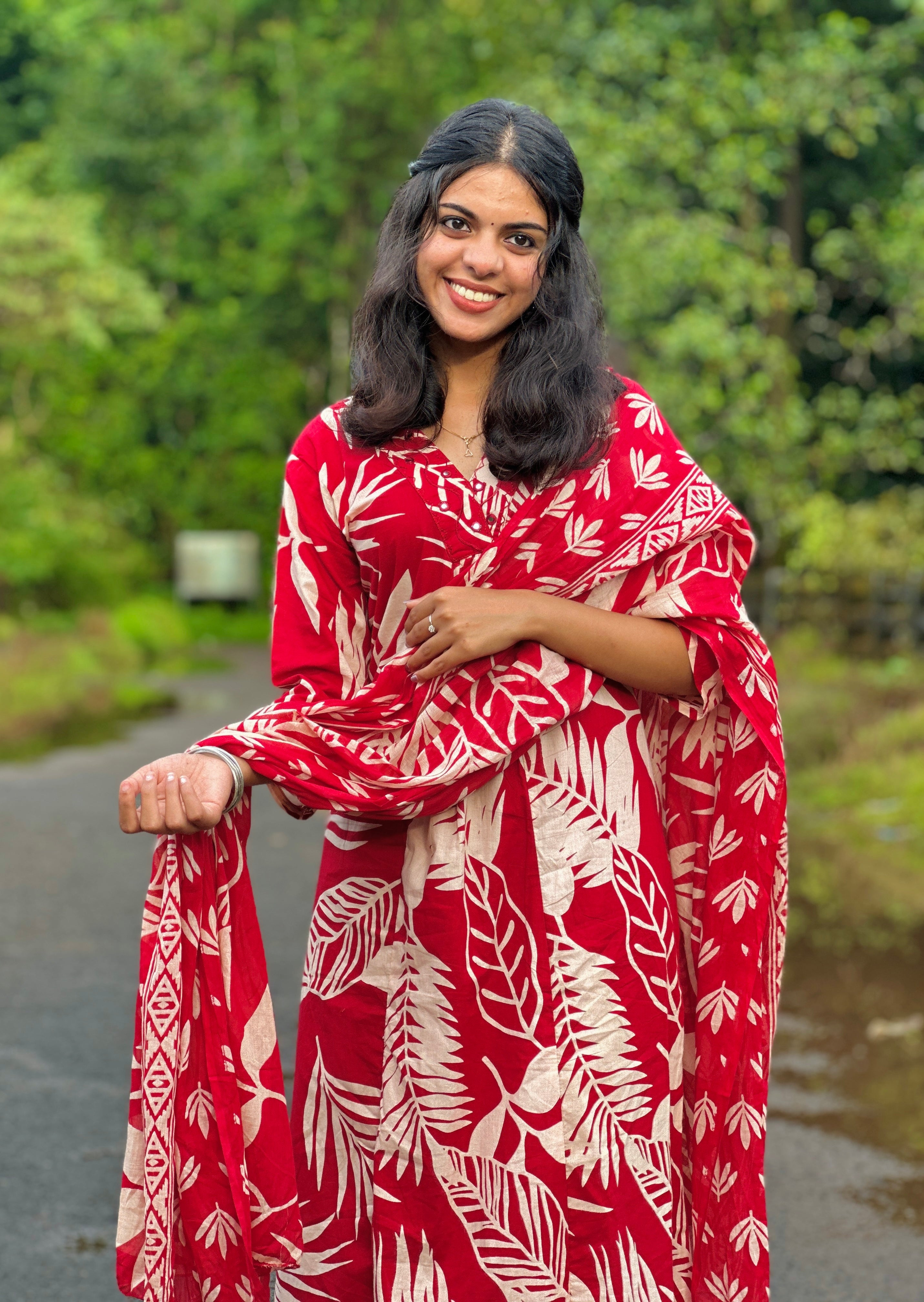 Red Kurta sets with Large Beige Leaf Prints All Over