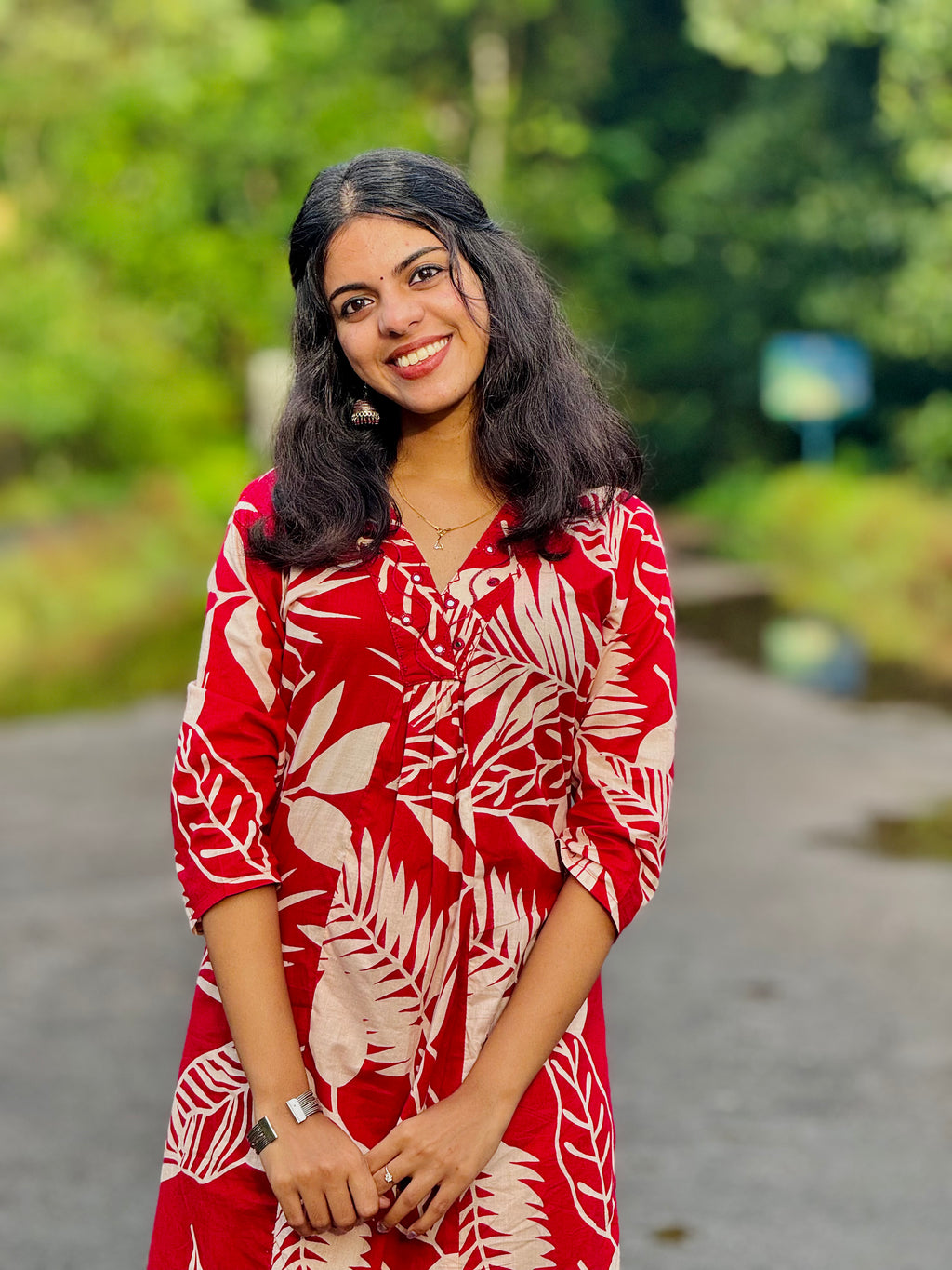 Red Kurta sets with Large Beige Leaf Prints All Over