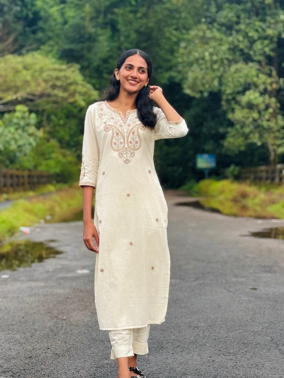 Off-White Embroidered Cotton Flex Co-ord Set